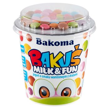 Bakoma Bakuś Milk & Fun Jogurt o smaku waniliowym z drażami 135 g
