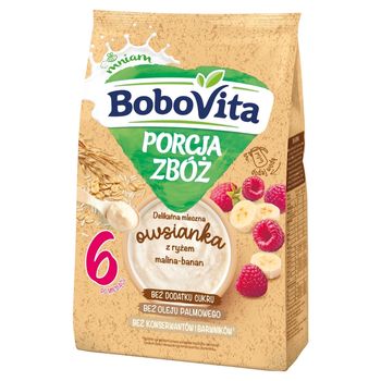 BoboVita Porcja zbóż Delikatna mleczna owsianka z ryżem malina-banan po 6 miesiącu 210 g