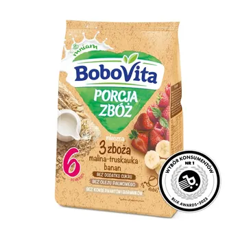 BoboVita Porcja zbóż Kaszka mleczna 3 zboża malina-truskawka-banan po 6 miesiącu 210 g