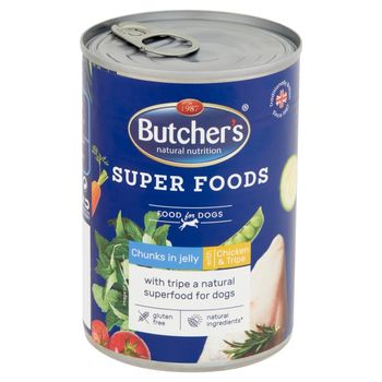 Butcher's Super Foods Karma dla dorosłych psów kawałki w galaretce z kurczakiem i flaczkami 400 g