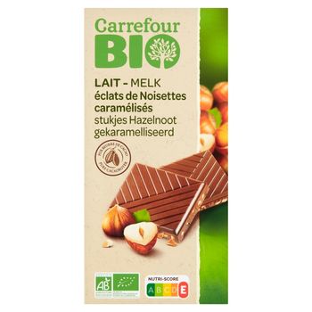 Carrefour Bio Ekologiczna czekolada mleczna z kawałkami karmelizowanych orzechów laskowych 100 g