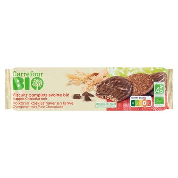 Carrefour Bio Ekologiczne pełnoziarniste ciasteczka owsiano-kakaowe oblane czekoladą 200 g