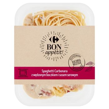 Carrefour Bon appétit Spaghetti Carbonara z wędzonym boczkiem i sosem serowym 400 g