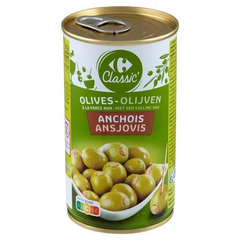 Carrefour Classic Zielone oliwki Manzanilla nadziewane pastą z anchois 350 g