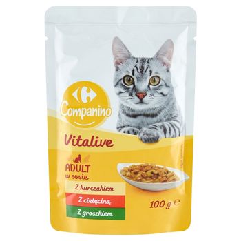 Carrefour Companino Vitalive Karma dla kotów z kurczakiem z cielęciną z groszkiem w sosie 100 g