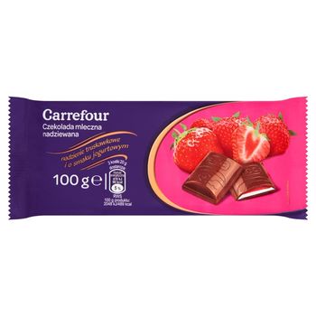Carrefour Czekolada mleczna nadziewana nadzienie truskawkowe i o smaku jogurtowym 100 g