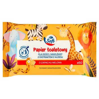 Carrefour Soft Papier toaletowy dla dzieci nawilżany o zapachu melona 60 sztuk