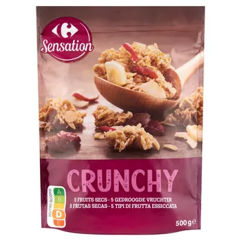 Carrefour Sensation Chrupiąca granola zbożowa z suszonymi owocami 500 g