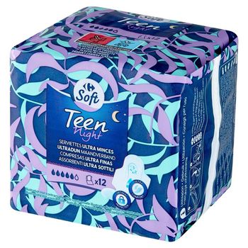 Carrefour Soft Teen Night Ultracienkie podpaski na noc ze skrzydełkami 12 sztuk