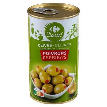 Carrefour Classic Zielone oliwki nadziewane pastą z czerwonej papryki 350 g