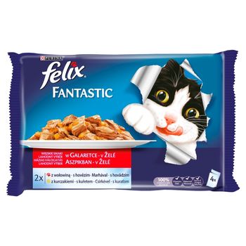 Felix Fantastic Karma dla kotów wybór mięs w galaretce z wołowiną i kurczakiem 400 g (4 x 100 g)