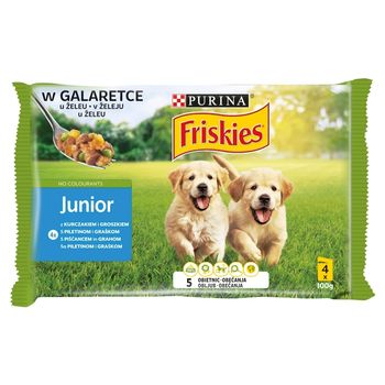 Friskies Junior Karma dla szczeniąt w galaretce z kurczakiem i groszkiem 400 g (4 x 100 g)