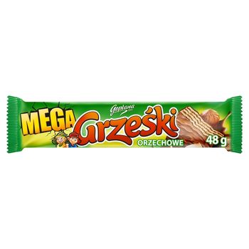 Grześki Mega Orzechowe Wafel przekładany kremem orzechowym w czekoladzie mlecznej 48 g