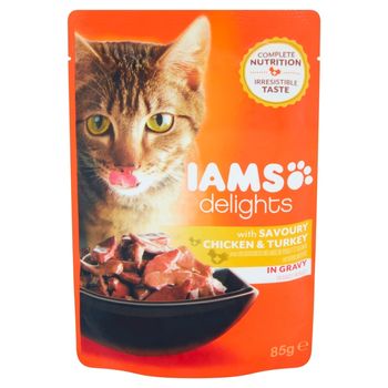 IAMS Delights z apetycznym kurczakiem oraz indykiem w sosie Karma dla dorosłych kotów 85 g