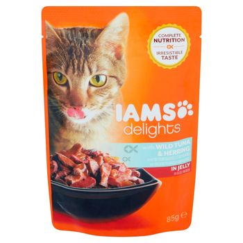 IAMS Delights z dzikim tuńczykiem i śledziem w galaretce Karma dla dorosłych kotów 85 g
