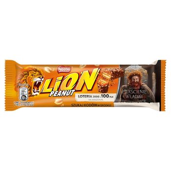 Lion Nadziewany wafel z karmelem płatkami pszennymi orzechami ziemnymi oblany mleczną czekoladą 41 g