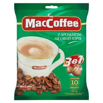 MacCoffee Rozpuszczalny napój kawowy 3 w 1 o smaku orzecha laskowego 180 g (10 x 18 g)