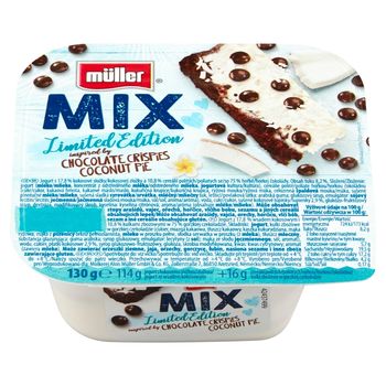 Müller Mix Jogurt z wsadem kokosowym i kulkami zbożowymi w gorzkiej czekoladzie 130 g