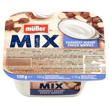 Müller Mix Jogurt z wafelkami z kremem kakaowym i mlecznym oblanymi czekoladą mleczną i białą 130 g