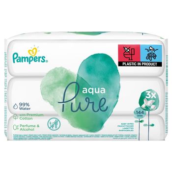 Pampers Aqua Pure Chusteczki nawilżane dla niemowląt 3 opakowania = 144 chusteczek nawilżanych
