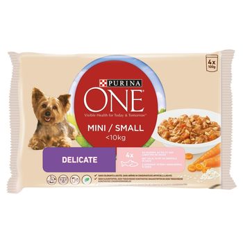 PURINA ONE Mini Delicate Karma dla psów z łososiem ryżem i marchewką w sosie 400 g (4 x 100 g)