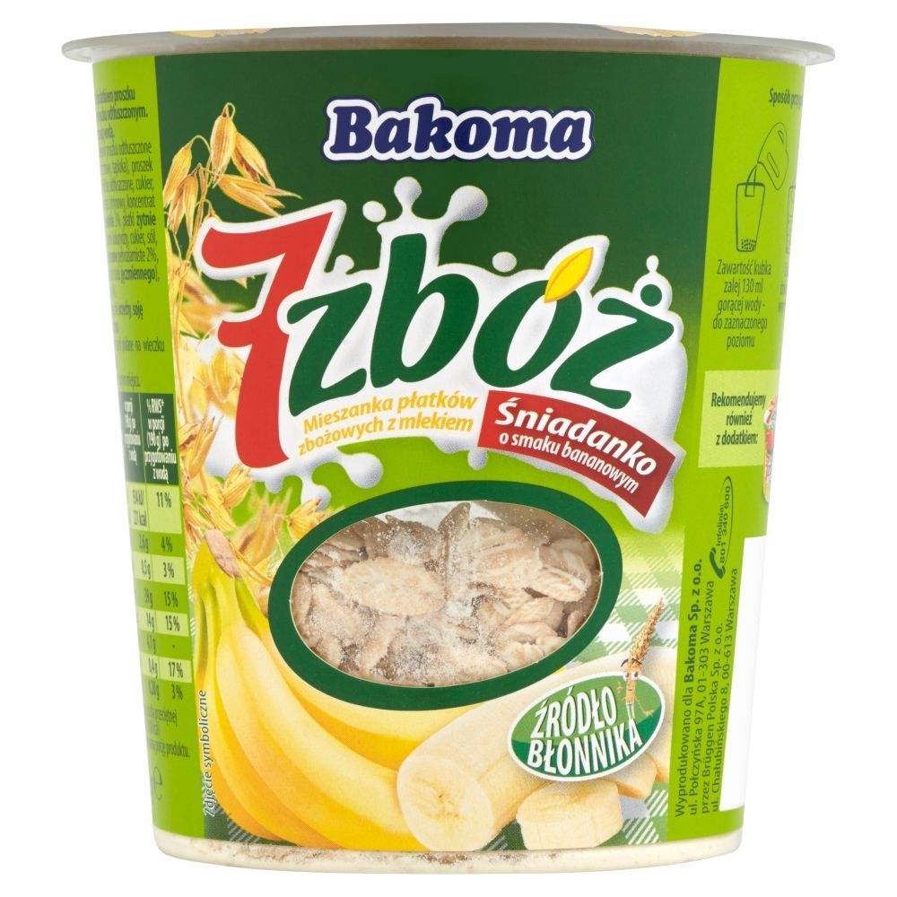 Bakoma 7 zbóż Śniadanko o smaku bananowym Mieszanka płatków zbożowych z mlekiem 60 g