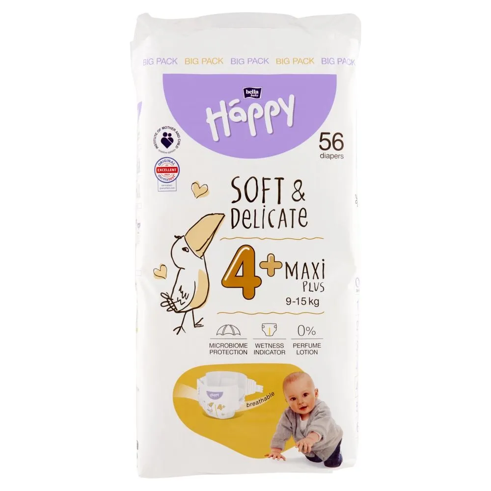 Bella Baby Happy Pieluszki jednorazowe 4+ maxi plus 9-15 kg 56 sztuk