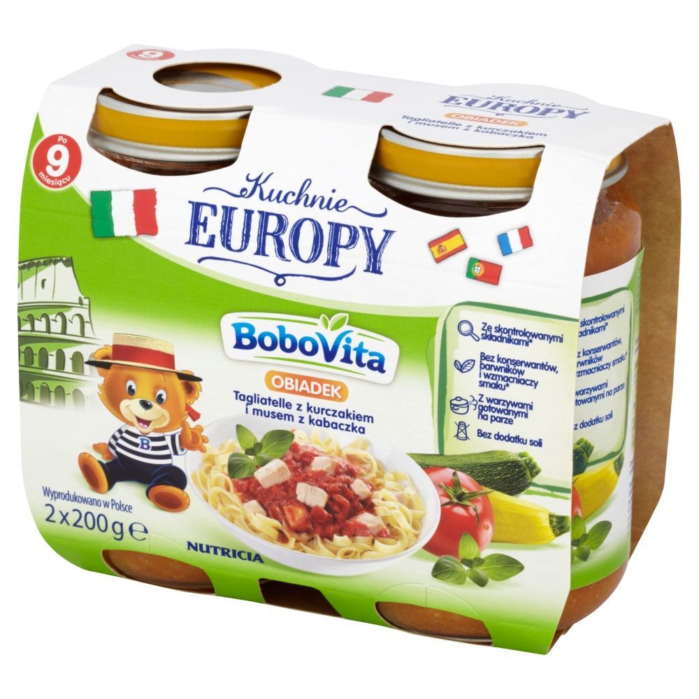 BoboVita Kuchnie Europy Obiadek Tagliatelle z kurczakiem i musem z kabaczka po 9 miesiącu 2 x 200 g