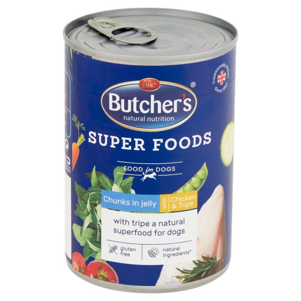Butcher's Super Foods Karma dla dorosłych psów kawałki w galaretce z kurczakiem i flaczkami 400 g