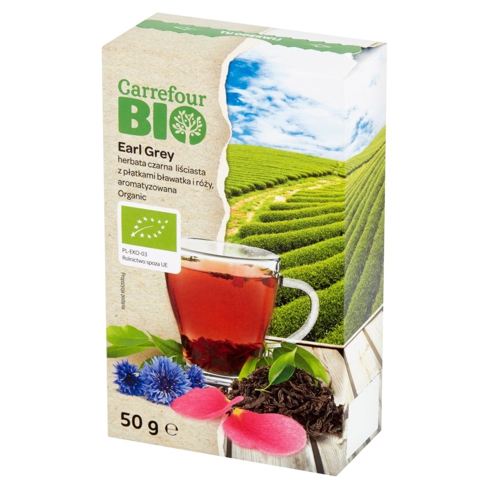 Carrefour Bio Ekologiczna czarna herbata liściasta Earl Grey z płatkami bławatka i róży 50 g