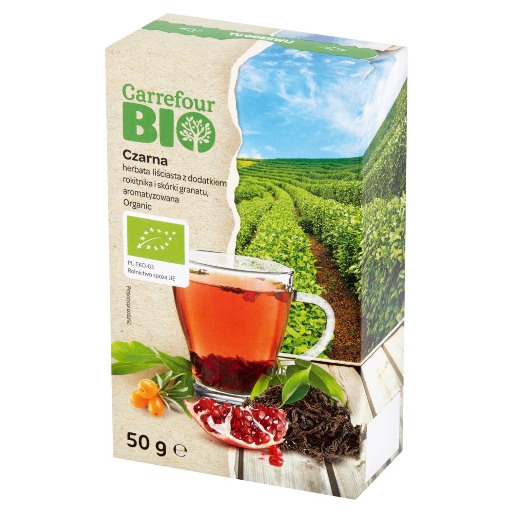 Carrefour Bio Ekologiczna czarna herbata liściasta z dodatkiem rokitnika i skórki granatu 50 g