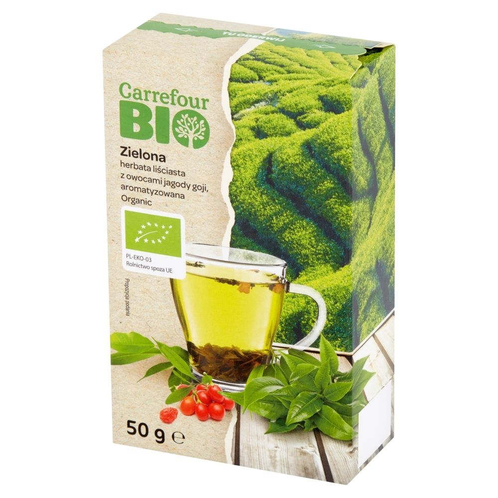 Carrefour Bio Ekologiczna zielona herbata liściasta z owocami jagody goji 50 g