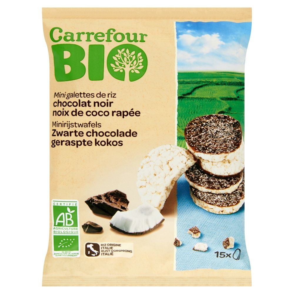 Carrefour Bio Ekologiczne małe wafle ryżowe w czekoladzie z wiórkami kokosowymi 60 g