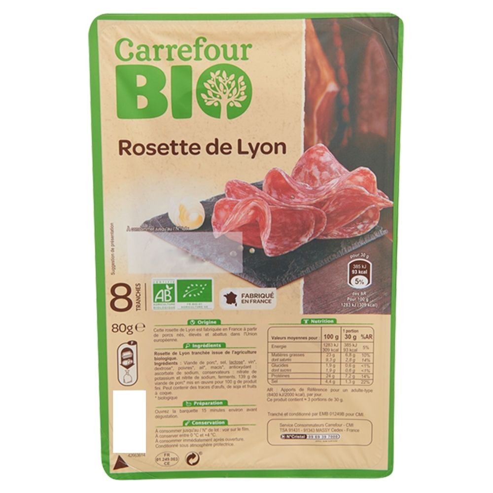 Carrefour Bio Rosette de Lyon Ekologiczna kiełbasa wieprzowa suszona w plastrach 80 g