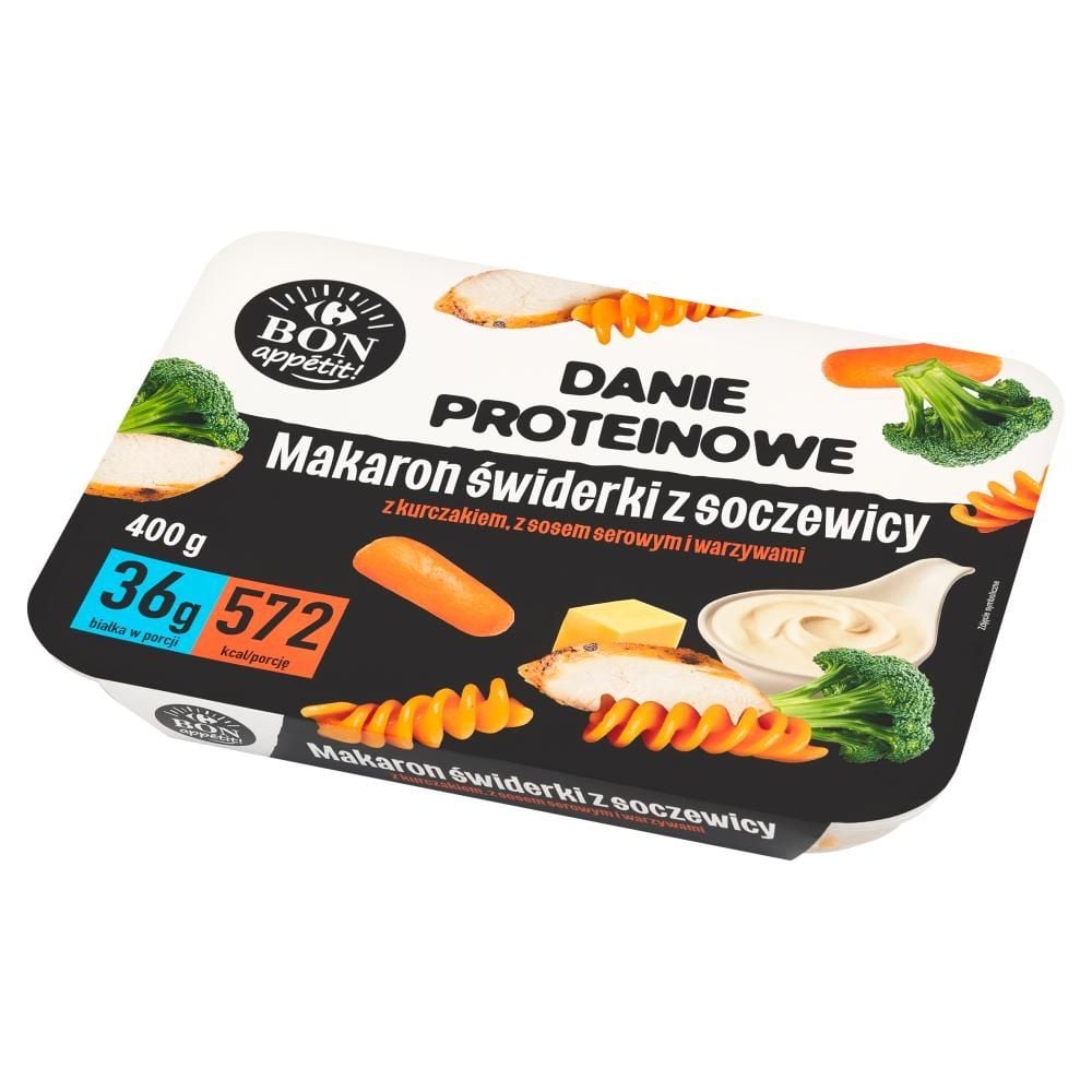 Carrefour Bon Appétit! Danie proteinowe makaron świderki z soczewicy z kurczakiem z sosem 400 g