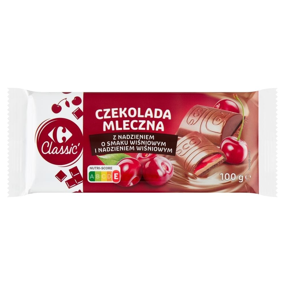 Carrefour Classic Czekolada mleczna z nadzieniem o smaku wiśniowym i nadzieniem wiśniowym 100 g