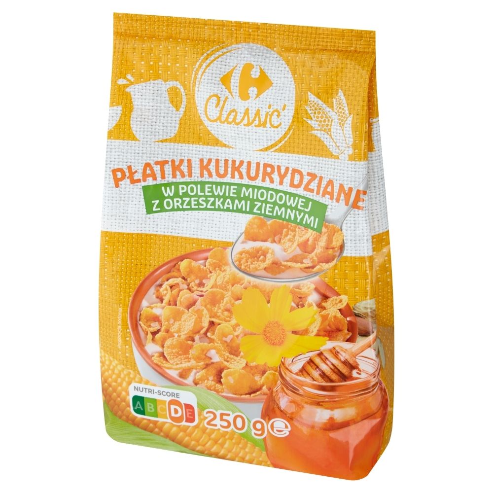 Carrefour Classic Płatki kukurydziane w polewie miodowej z orzeszkami ziemnymi 250 g