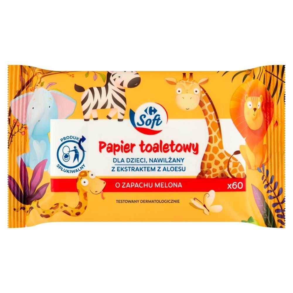 Carrefour Soft Papier toaletowy dla dzieci nawilżany o zapachu melona 60 sztuk