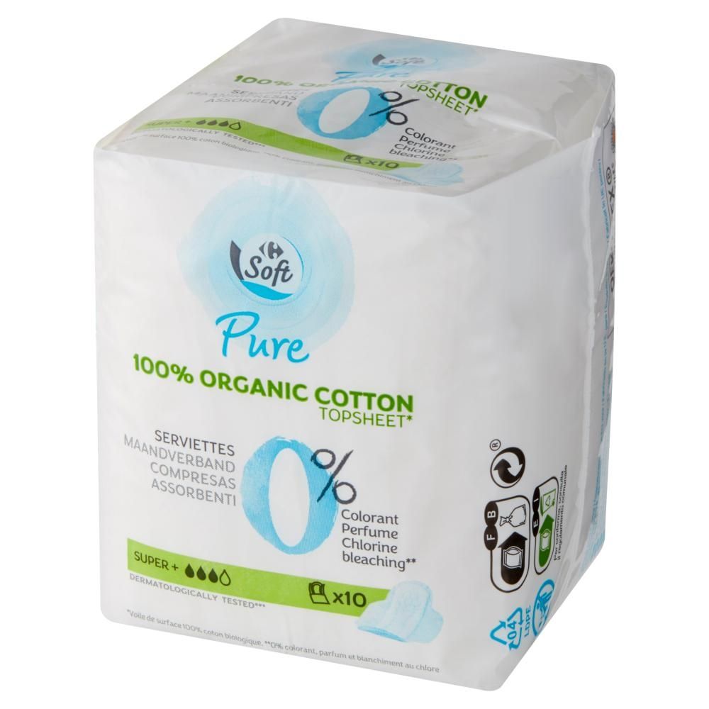 Carrefour Soft Pure Super+ Ultracienkie podpaski ze skrzydełkami 10 sztuk