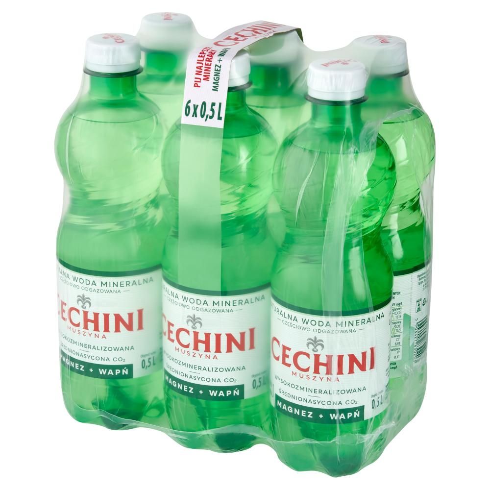 Cechini Muszyna Naturalna woda mineralna wysokozmineralizowana średnionasycona CO₂ 6 x 0,5 l