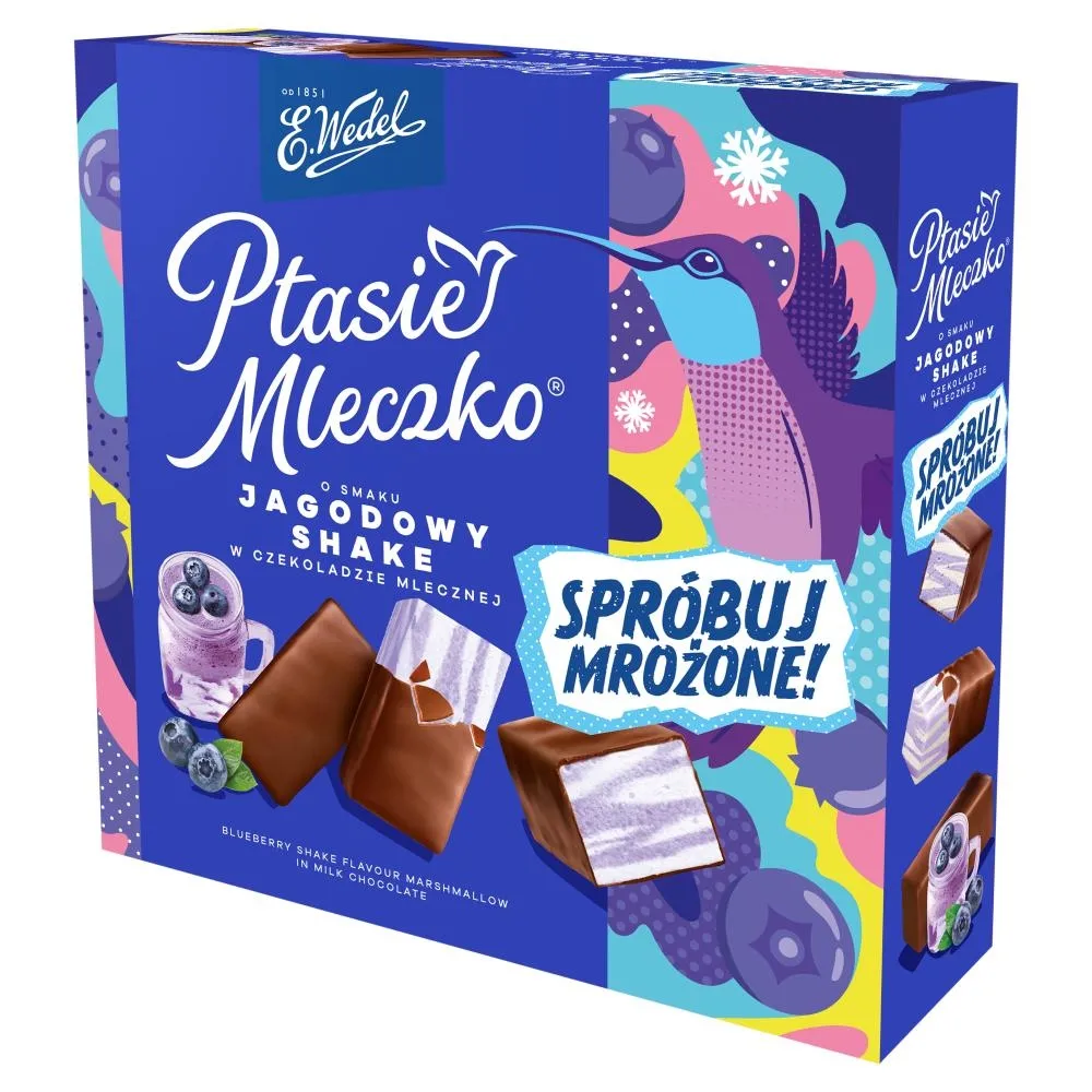 E. Wedel Ptasie mleczko o smaku jagodowy shake w czekoladzie mlecznej 340 g