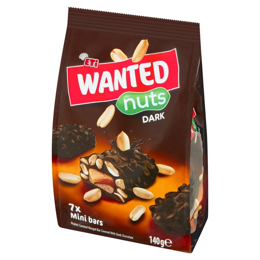 Eti Wanted Baton nugatowy z orzeszkami ziemnymi i karmelem pokryty czekoladą deserową 140 g