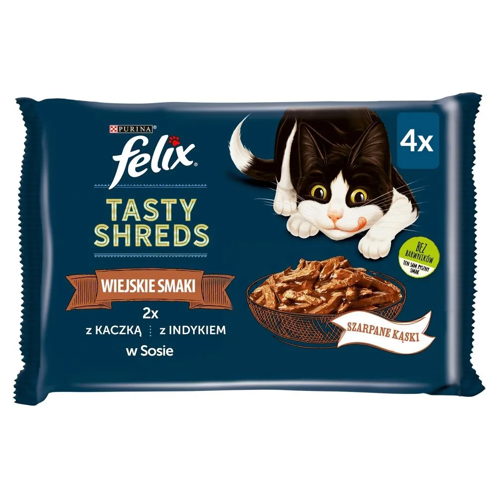 Felix Tasty Shreds Karma dla dorosłych kotów wiejskie smaki w sosie 320 g (4 x 80 g)
