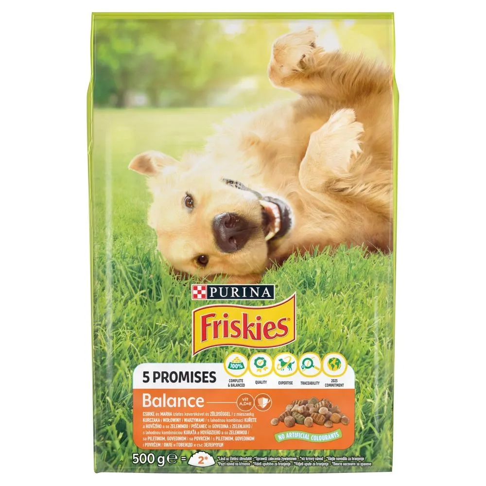 Friskies Balance Karma dla dorosłych psów z mieszanką kurczaka wołowiny i warzywami 500 g