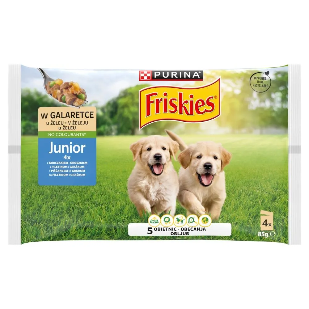 Friskies Junior Karma dla szczeniąt w galaretce z kurczakiem i groszkiem 4 x 85 g