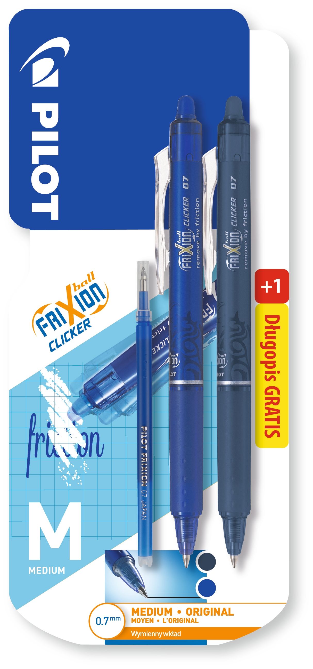 Frixion Clicker 0,7 niebieski + pióro kulkowe Frixion Clicker 0,7  granatowy + wkład.
