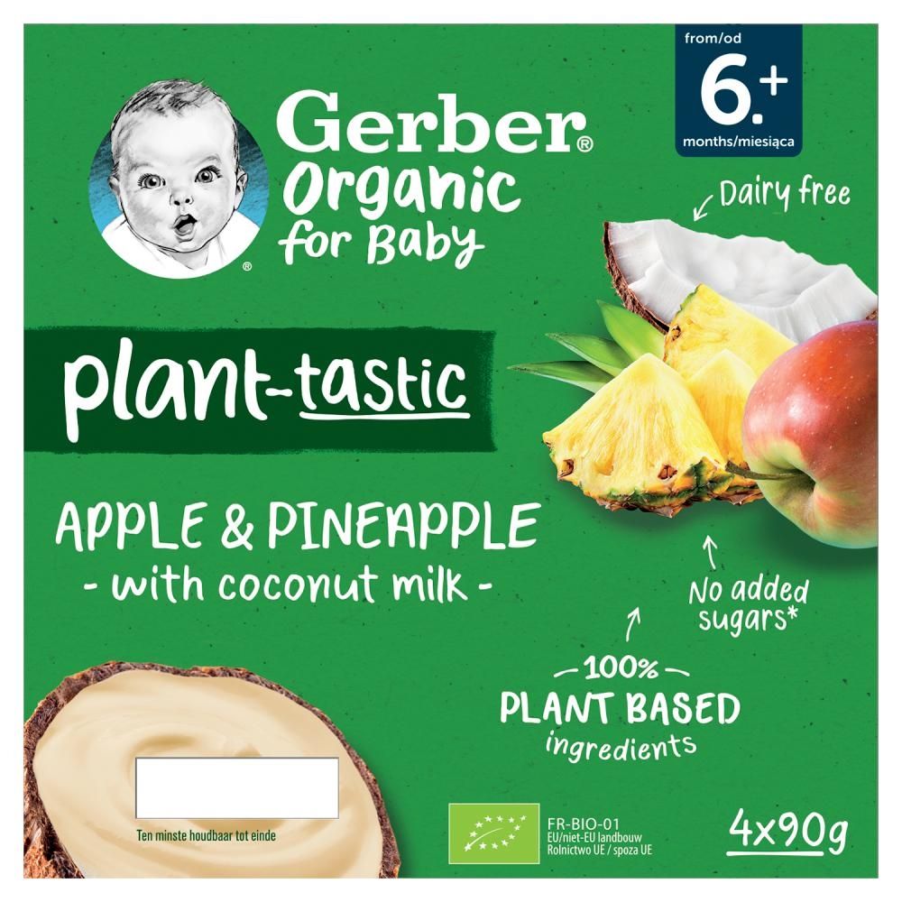 Gerber Organic Plant-tastic Deserek jabłko ananas z musem kokosowym od 6. miesiąca 360 g (4 x 90 g)