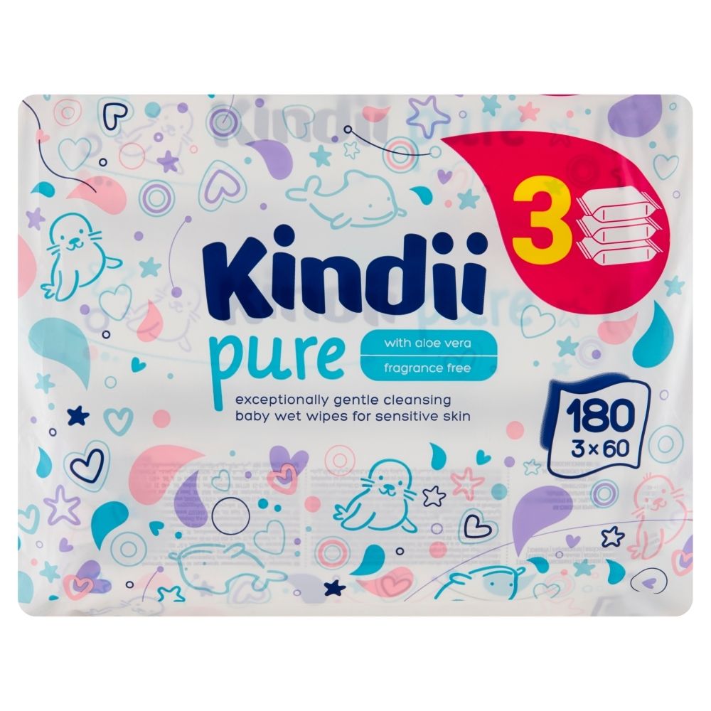 Kindii Pure Chusteczki do skóry wrażliwej 180 sztuk (3 x 60 sztuk)