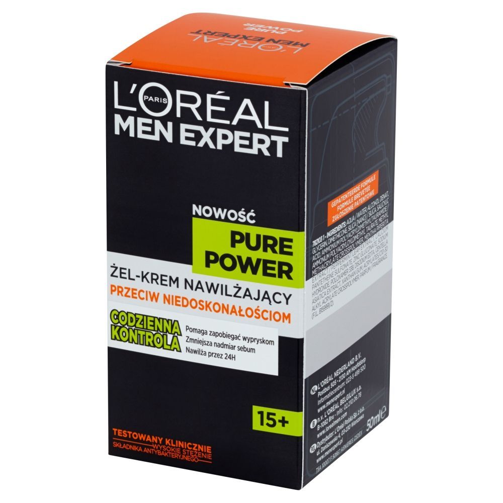 L'Oréal Paris Men Expert Pure Power 15+ Żel-krem nawilżający przeciw niedoskonałościom 50 ml