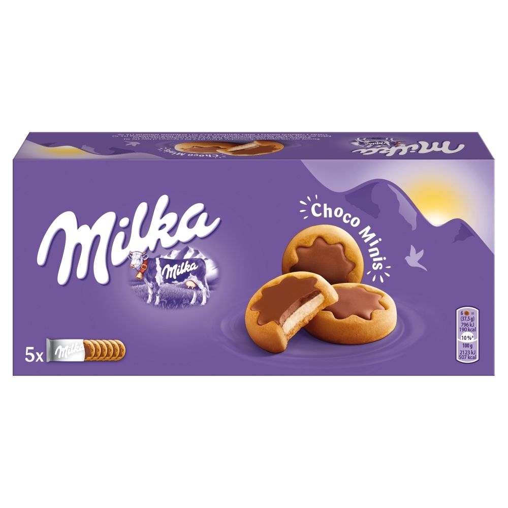 Milka Choco Minis Ciastka z czekoladą mleczną z mleka alpejskiego i nadzieniem mlecznym 185 g